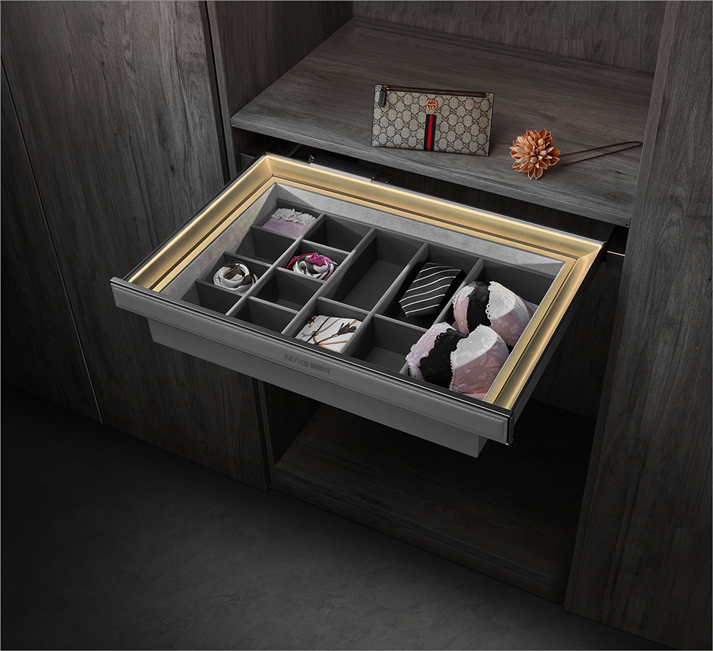 Underwear Storage Basket, alum+leather+concealed slide With LED light