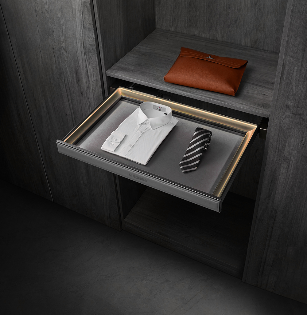 Accessories Storage Tray, alum+leather+concealed slide With LED light